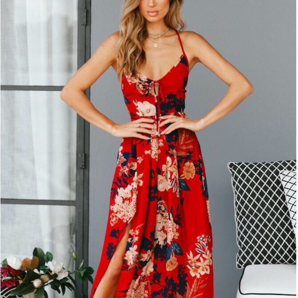 Red Floral Spaghetti-Strap Maxi Dress